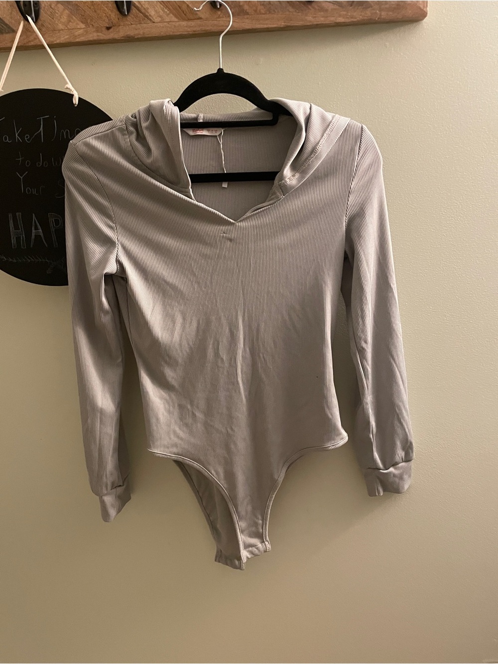 ROMWE Light Gray Ribbed Hooded Long Sleeve Bodysuit